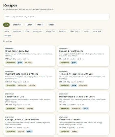 The recipe library with filters