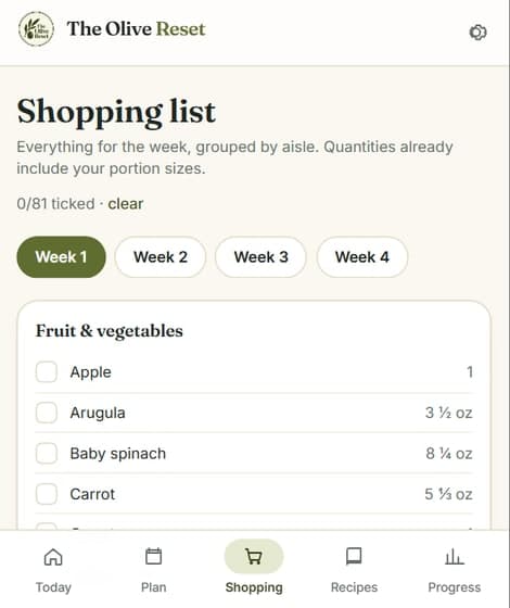 A weekly shopping list grouped by aisle
