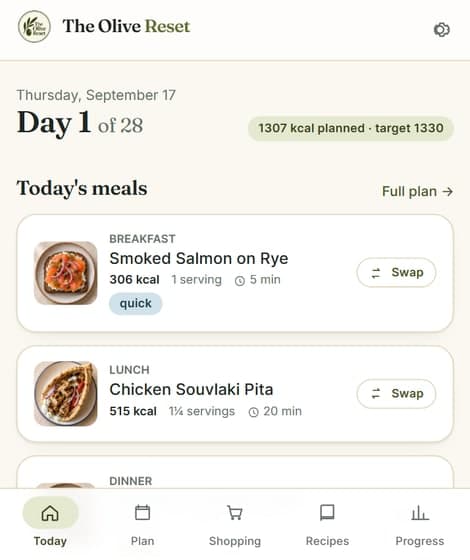 The Today screen in the web app: meals, walk and habits